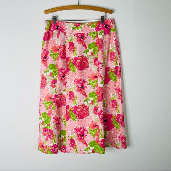 Kim Rogers pink green floral linen cottagecore midi skirt 14 - Picture 5 of 6